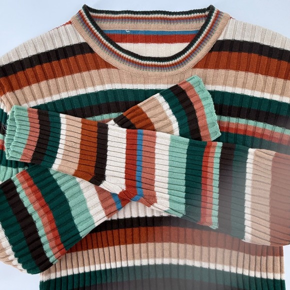 Y2K Sz S StripedRibbed Knit Top Colorful Earth Tone Sweater Long Sleeve Pullover - Picture 1 of 8